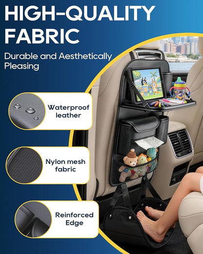 4PACK Leather Car Backseat Organizer with Foldable Table Tray, 6 Storage Pockets Back Protectors Foot Rests, Universal Backseat Car Organizer for Pets and family Road Trip(Black)