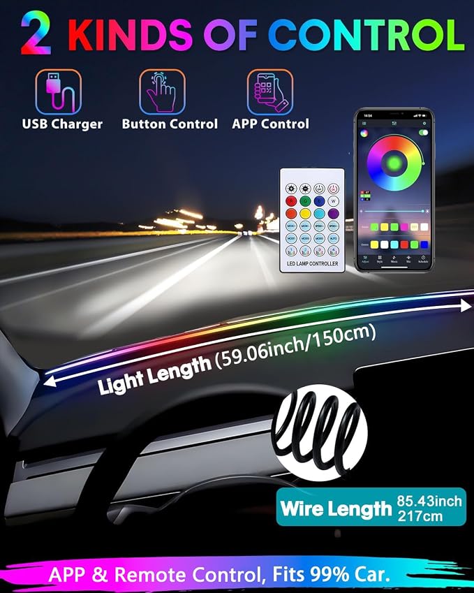 Acrylic Interior Car LED Strip Light with Motion-Activated Switch, 59.1" Neon Ambient Light, RGB Colors, APP Control, Music Sync
