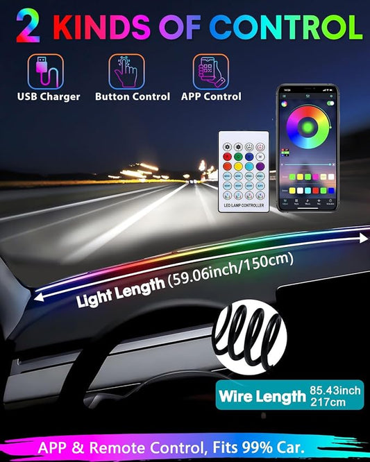 Acrylic Interior Car LED Strip Light with Motion-Activated Switch, 59.1" Neon Ambient Light, RGB Colors, APP Control, Music Sync