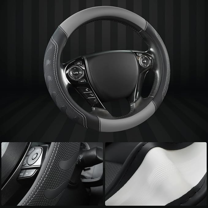 GIANT PANDA Microfiber Leather Steering Wheel Cover for Honda Accord,Civic,CR-V,HR-V,Pilot(Black+Gray-Standard Size)