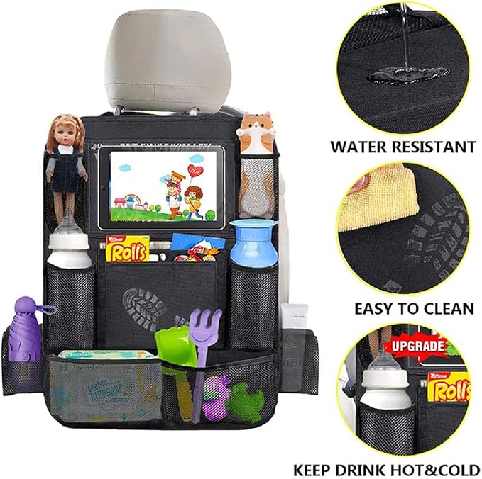 Car Backseat Organizer, 2 Pack, Black, Simple/Functional, Car Seat Organiser, Car Backseat Organizer, 10 Compartments, Tablet Holder, Waterproof, Easy to Clean
