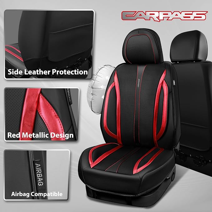 CAR PASS Nappa Leather Car Seat Covers, Durable Waterproof Luxury Universal Seat Covers for SUV Pick-up Truck Sedan, Anti-Slip Driver 5 Seat Covers Full Set with Backrest, Black Metallic Red