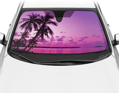 BDK Purple Sunset Beach Front Windshield Sun Shade Accordion Folding Cute Car Window Shades for Truck & Car Sunshade Shield for Sun UV Rays - Visor Protector Keeps Your Vehicle Cool - 58 x 27 inches
