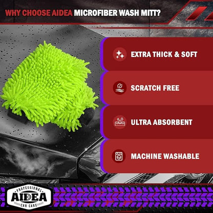 AIDEA Car Wash Mitt Microfiber, 4PK Scratch Free Lint-Free, Premium Chenille Microfiber Mitt Car Wash Brush, Green, Regular Size 7.12''X10.14''
