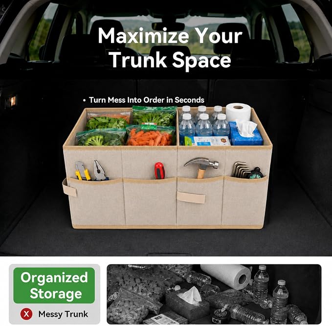 PAT SAM'S Car Trunk Organizer for SUV, Foldable Collapsible Storage Organizer with Dividers, Non-Slip Waterproof 600D Oxford, Backseat & Trunk Storage for Groceries, Tools, Toys (Beige)