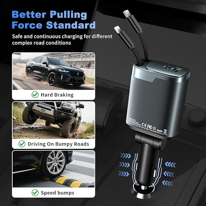 Retractable Car Charger, 4 in 1 Car Charger USB C Fast Charge, Cigarette Lighter USB Charger, Travel Essentials Car Accessories Gifts for Men Women for iPhone 17 16 15 14 13 12 Pro Max, Samsung