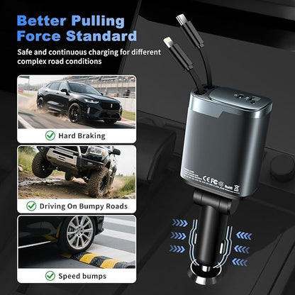 Retractable Car Charger, 4 in 1 Car Charger USB C Fast Charge, Cigarette Lighter USB Charger, Travel Essentials Car Accessories Gifts for Men Women for iPhone 17 16 15 14 13 12 Pro Max, Samsung