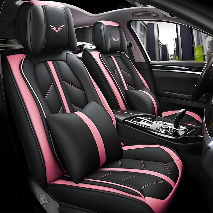 otoez Car Seat Covers Full Set, Leather Pink Seat Covers for Cars 5 Seats, Automotive Front and Rear Seat Protectors Universal Fit Most Cars Sedans SUV Pick-up Truck (Pink, with Pillows)