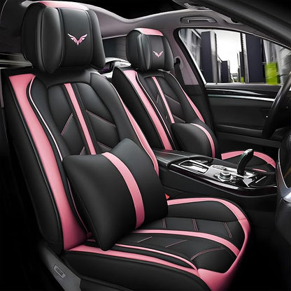 otoez Car Seat Covers Full Set, Leather Pink Seat Covers for Cars 5 Seats, Automotive Front and Rear Seat Protectors Universal Fit Most Cars Sedans SUV Pick-up Truck (Pink, with Pillows)