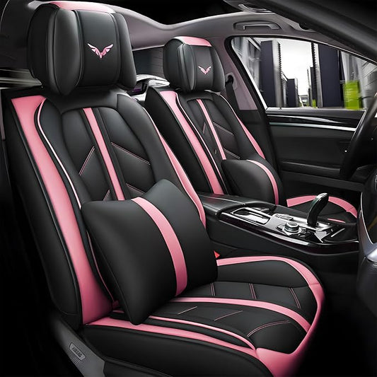 otoez Car Seat Covers Full Set, Leather Pink Seat Covers for Cars 5 Seats, Automotive Front and Rear Seat Protectors Universal Fit Most Cars Sedans SUV Pick-up Truck (Pink, with Pillows)