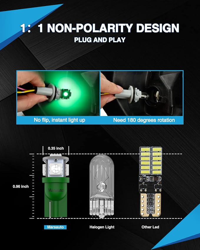 Marsauto 194 LED Light Bulb Green, 168 T10 2825 LED Replacement Bulbs for Car Dome Map Door Courtesy License Plate Lights (Pack of 10)