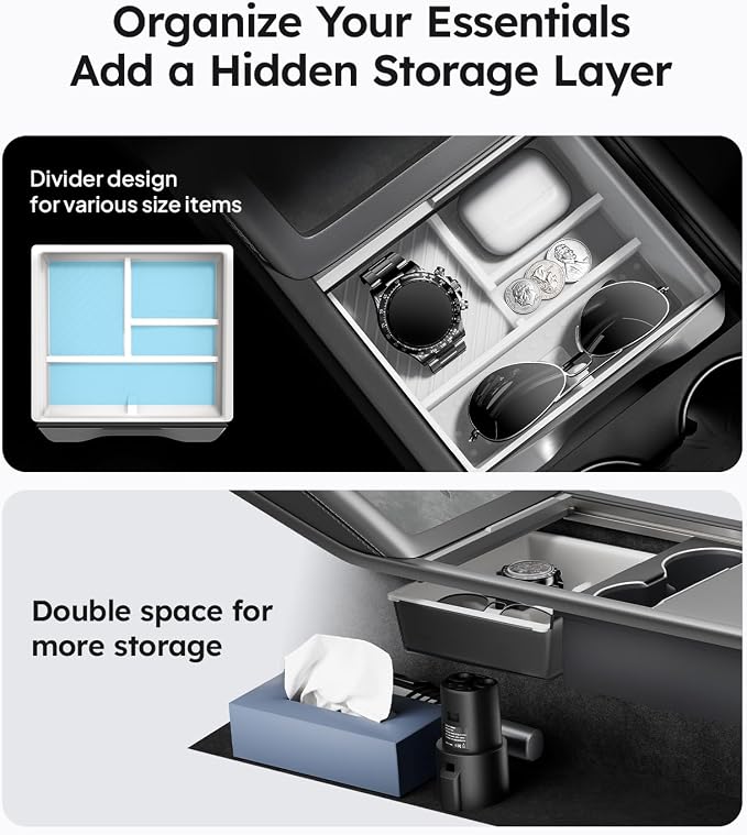 Wigoo Center Console Organizer for Tesla Model Y Juniper (Only Premium & Performance 2025 2026) and All Model 3 Highland Accessories [Double-Layer Storage, Smooth Sliding] 4PCS White