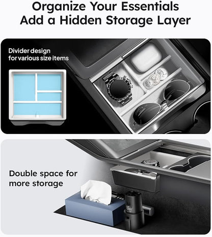 Wigoo Center Console Organizer for Tesla Model Y Juniper (Only Premium & Performance 2025 2026) and All Model 3 Highland Accessories [Double-Layer Storage, Smooth Sliding] 4PCS White