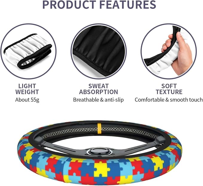 Autism Puzzle Steering Wheel Covers Non Slip Neoprene Steering Wheel Protector Cover Universal 15 Inch for Men Women