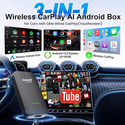 Carlinkit Wireless CarPlay & Android Auto Adapter CP2A PRO 3-in-1 Android(2+16G) System for OEM Wired CarPlay Cars, Support Netflix/You Tube/TikTok Lite, with USB-A/C from 2016 & iOS 10+/Android 11.0+