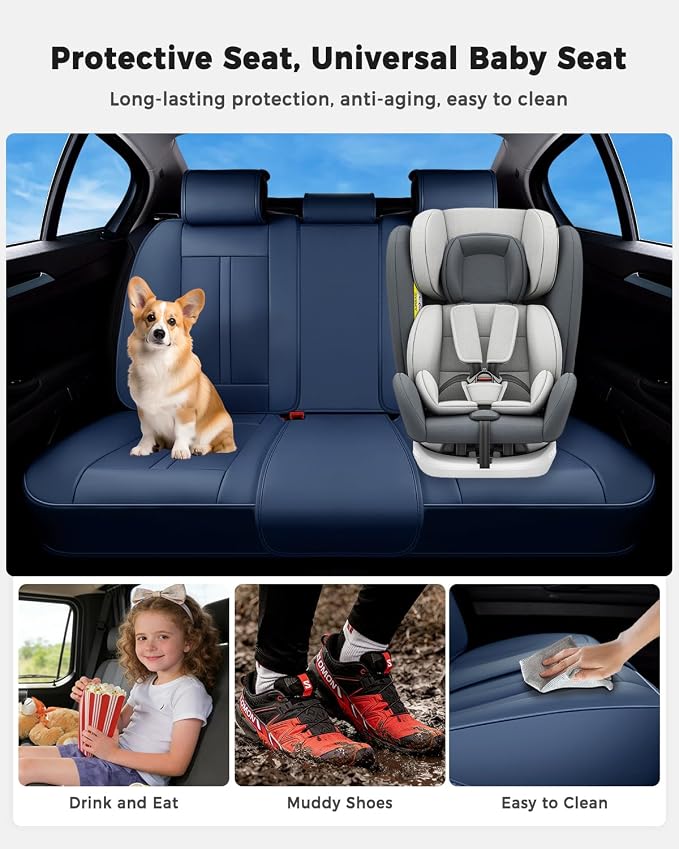 Huidasource Blue Back Seat Cover Luxury Nappa Leather, Rear Seat Cover with Velcro Adjustable, Ventilation Holes, Child Safety Seats, Back Seat Car Cover Universal Fit for Most Cars SUV Trucks, Blue