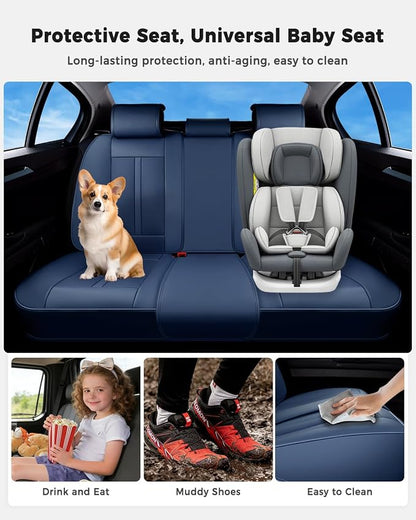 Huidasource Blue Back Seat Cover Luxury Nappa Leather, Rear Seat Cover with Velcro Adjustable, Ventilation Holes, Child Safety Seats, Back Seat Car Cover Universal Fit for Most Cars SUV Trucks, Blue