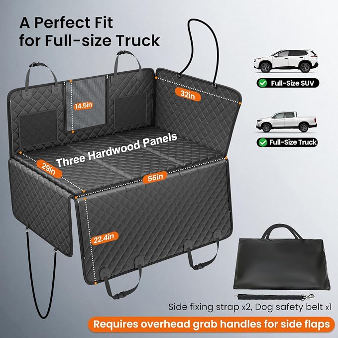 REEVAA 2.0 Hard Bottom Back Seat Extender for Heavy-Duty Dogs, Dog Truck Seat Cover with Cushion Sponge, Waterproof Dog Hammock with Mesh Window for Car, Universal Fit for Crew Cab Truck/SUV, XL Black