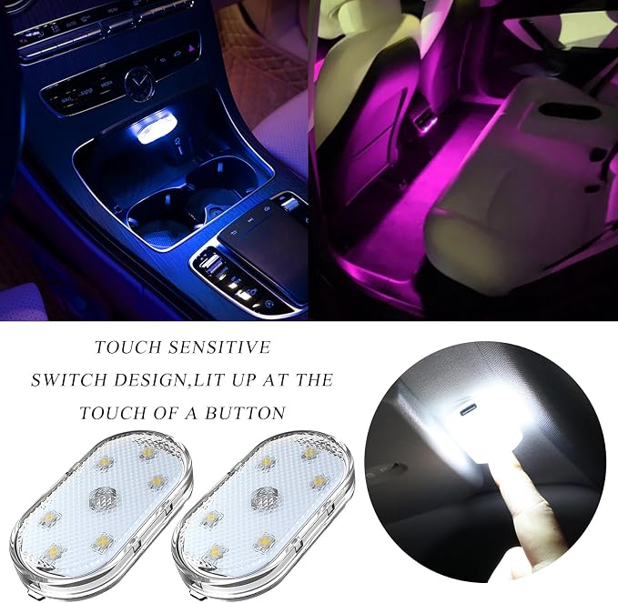 Wevdn 2 PCS Car LED Lights Interior Wireless, Magnetic Car Ambient Lighting with 6 Bright LED Lamp Beads, Portable USB Rechargeable Vehicle Interior Led Night Light for Car (Colorful)