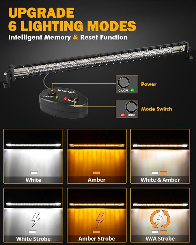 Auxbeam 50Inch LED Straight Light Bar, 6 Modes Amber White Strobe Light, 288W Dual Color Spot Flood Combo Offroad Fog Driving Light Waterproof with Memory Function for Truck Boat Jeep Pickup