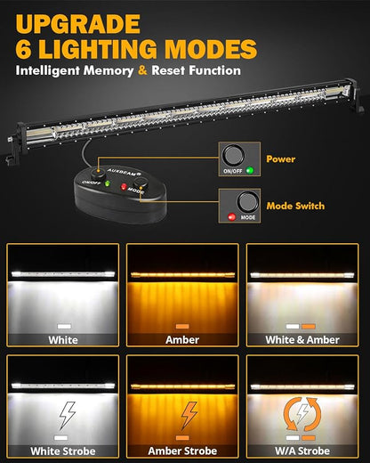 Auxbeam 50Inch LED Straight Light Bar, 6 Modes Amber White Strobe Light, 288W Dual Color Spot Flood Combo Offroad Fog Driving Light Waterproof with Memory Function for Truck Boat Jeep Pickup