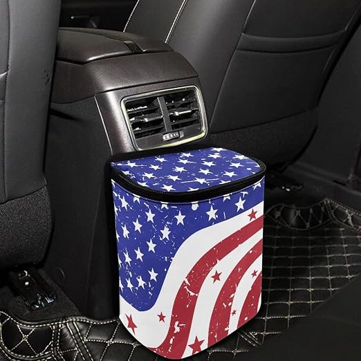 Talayituse Retro American Flag Print Car Trash Bin, Large Size Auto Trash Can Adjustable Portable Garbage Can with Lid, 4th of July Decor Vehicle Hanging Bag for Headrest Front Back Seat