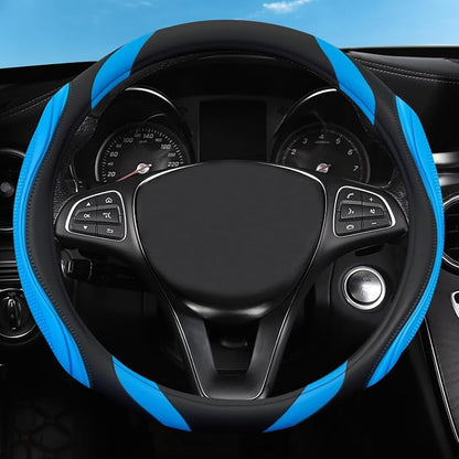 Concave Convex Massage Black Blue Microfiber Leather Steering Wheel Cover, 14.5-15 Inch Non-Slip Breathable Microfiber Car Steering Wheel Protector