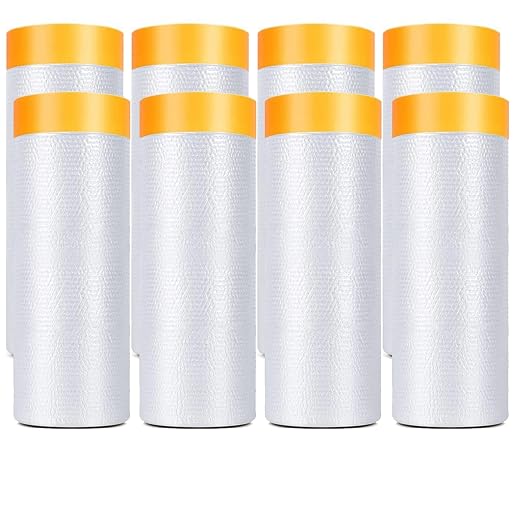 Painters Plastic With Tape, Pre-Taped Masking Film, 8 Rolls Automotive Best Tape and Drape, Paint Adhesive Protective Film Roll for Covering Skirting, Frames, Cars and Auto Body (5 X 65-Feet)
