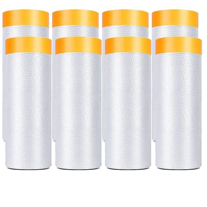 Painters Plastic With Tape, Pre-Taped Masking Film, 8 Rolls Automotive Best Tape and Drape, Paint Adhesive Protective Film Roll for Covering Skirting, Frames, Cars and Auto Body (5 X 65-Feet)
