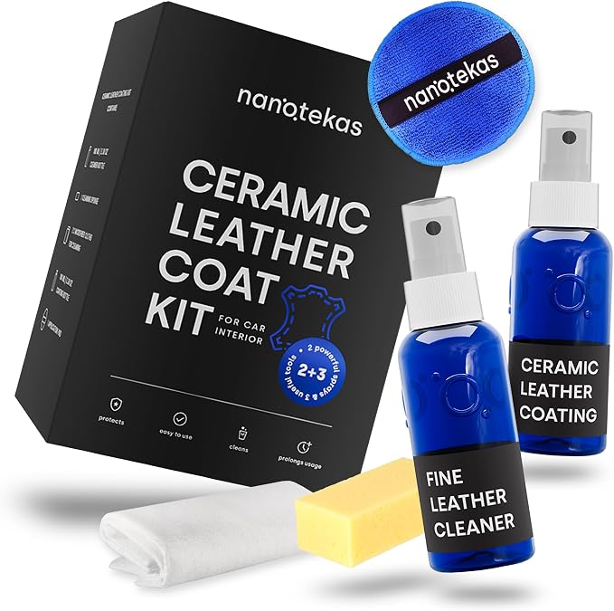 Leather Cleaner & Ceramic Coating Spray Kit: Long-Lasting Leather Protector for Tesla Vegan Leather, Car Seats, Furniture and Shoes – Universal Nano Ceramic Shield to Repel Dirt and Liquids