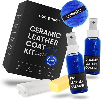 Leather Cleaner & Ceramic Coating Spray Kit: Long-Lasting Leather Protector for Tesla Vegan Leather, Car Seats, Furniture and Shoes – Universal Nano Ceramic Shield to Repel Dirt and Liquids