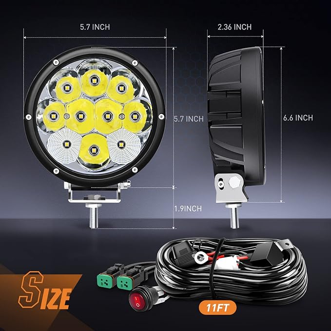 Nilight 5.7 Inch Round 50W LED Driving Light w/ 16AWG DT Connector Wiring Harness 6500LM IP68 Spot Flood Combo Work Lamp for Offroad ATV UTV SUV Motorcycle Truck Tractor Boat
