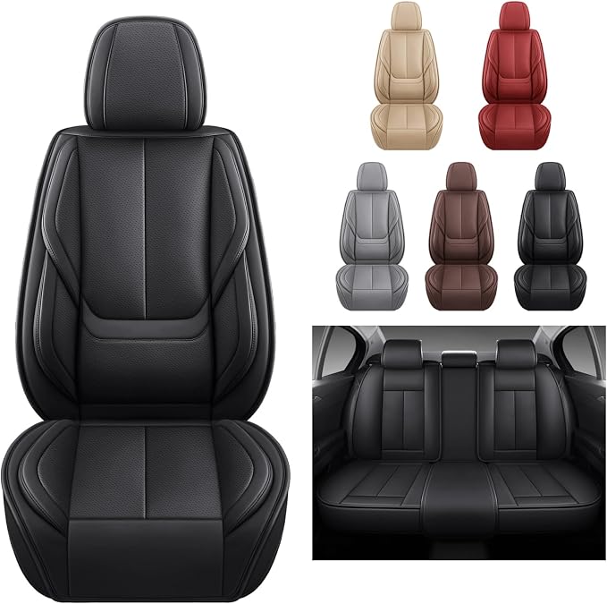 MINGBRON Black Car Seat Cover with Lumbar Support, Car Seat Protector Waterproof, Nappa Leather Car Seat Cushion, Car Seat Covers Front Seats and Back Fit for Most Cars