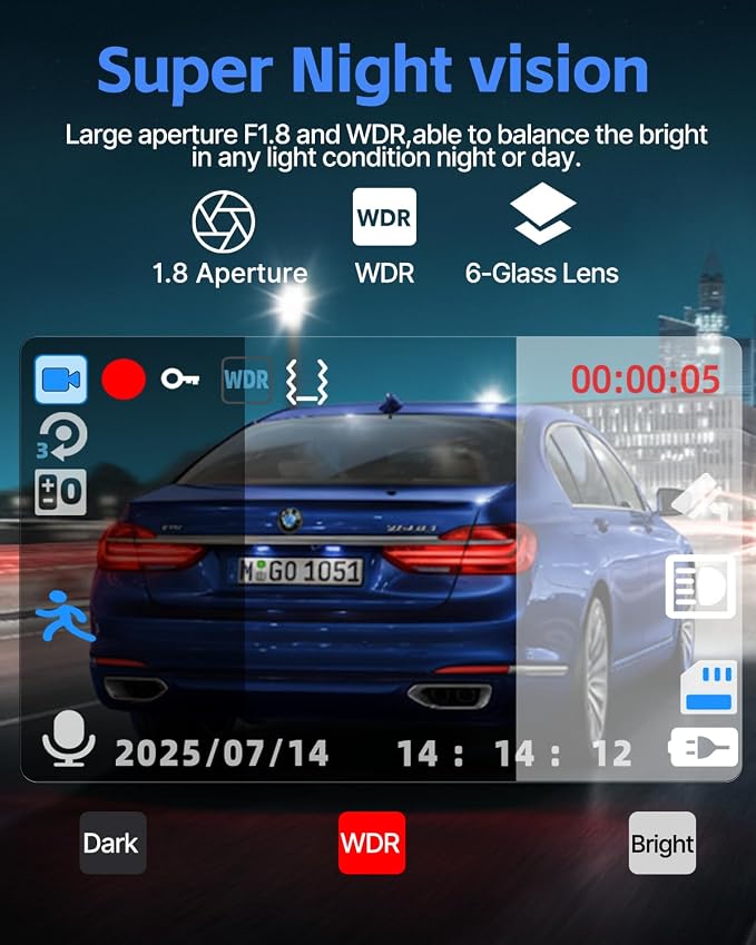 3 Channel Dash Cam Front and Rear Inside with 64GB SD Card, 1080P+720P+720P Car Dash Camera for Cars Front and Rear, Dashcam with G-Sensor, Loop Recording, 24H Parking Mode, Night Vision