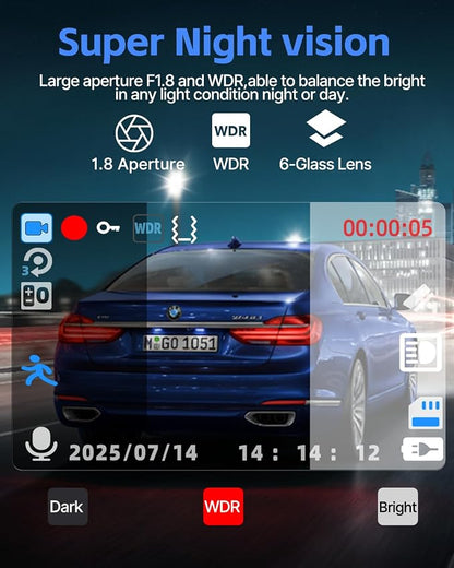 3 Channel Dash Cam Front and Rear Inside with 64GB SD Card, 1080P+720P+720P Car Dash Camera for Cars Front and Rear, Dashcam with G-Sensor, Loop Recording, 24H Parking Mode, Night Vision