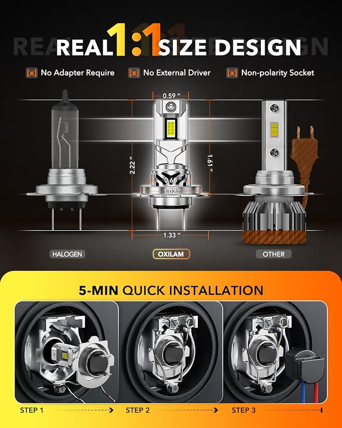 OXILAM H7 LED Light Bulb For Fog, 65000LM 80W 2026 New version, Wireless Non-polarity 6500K, 1:1 Size Easy Installation, 2 Pac