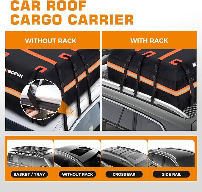 Kingfun Car Rooftop Cargo Carrier Bag, Waterproof 20 Cubic Feet Car Roof Luggage Carrier for All Vechicles with/Without Racks, Includes Anti-Slip Mat, 8 Reinforced Straps, 6 Door Hooks, Luggage Locks