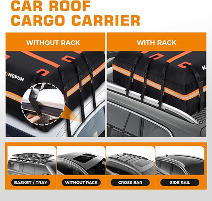 Kingfun Car Rooftop Cargo Carrier Bag, Waterproof 20 Cubic Feet Car Roof Luggage Carrier for All Vechicles with/Without Racks, Includes Anti-Slip Mat, 8 Reinforced Straps, 6 Door Hooks, Luggage Locks