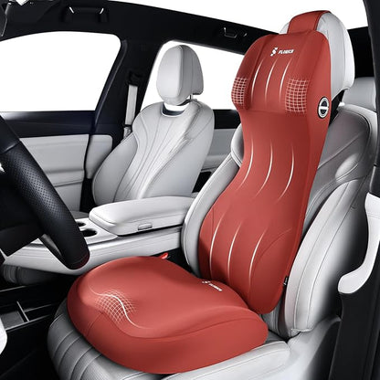 FLORICH Memory Foam Car Seat Cushion and Integrated Neck Pillow Lumbar Support Ergonomic Seat Cushion Breathable Back Support Headrest for Truck Driver Long Driving Sciatica Tailbone Pain Relief, Red