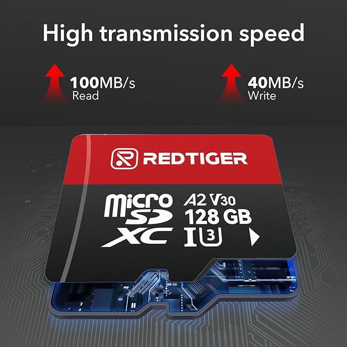 REDTIGER High Speed 128GB Micro SD Card with Adapter, microSDXC UHS-I Class 10, U3, V30 A2, Support for Dash Cam and 4K Video Recording, Compatible with F7NP-V07&F9&F7NT-V04&F17&VP20&A4&F17PLUS