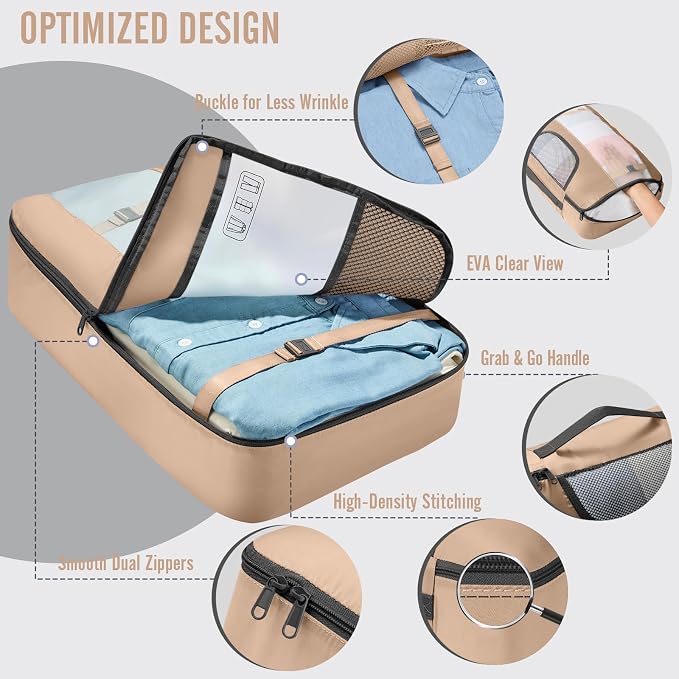 Veken 8 Set Packing Cubes for Travel Essentials,Anti-Wrinkle Buckled Suitcase Organizer for Shoe & Toiletry Bag,Carry On Luggage Bag with 99+ Count Mesh Holes for Airplane & College Dorm Accessories