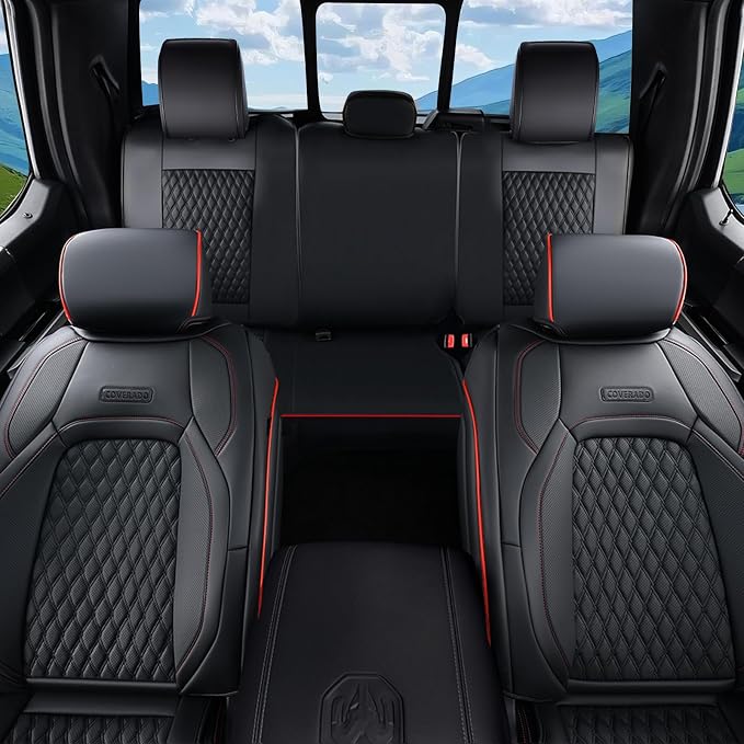 Coverado Seat Covers for Dodge Ram 1500, Full Coverage Leather Car Seat Covers Waterproof Fit for 2010-2023 2500 3500 Dodge RAM Automotive Seat Covers Protector for Trucks Ram, Red line