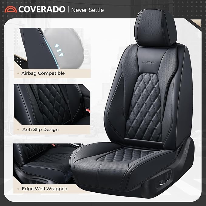 Coverado Car Seat Covers Front Seats, 2-Pack Black Seat Covers for Cars, Waterproof Nappa Leather Car Seat Covers for Cars, Car Seat Protector Car Seat Cushion Universal Fit for Most Cars Truck SUV