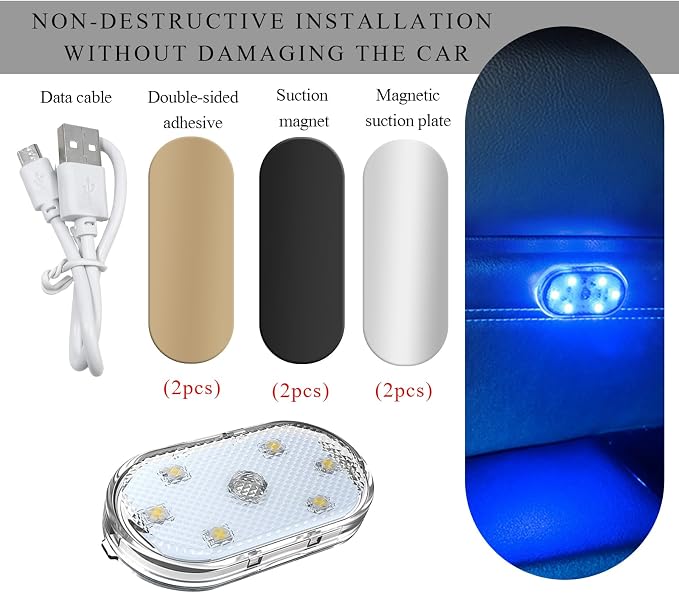 Wevdn 2 PCS Car LED Lights Interior Wireless, Magnetic Car Ambient Lighting with 6 Bright LED Lamp Beads, Portable USB Rechargeable Vehicle Interior Led Night Light for Car (Blue)