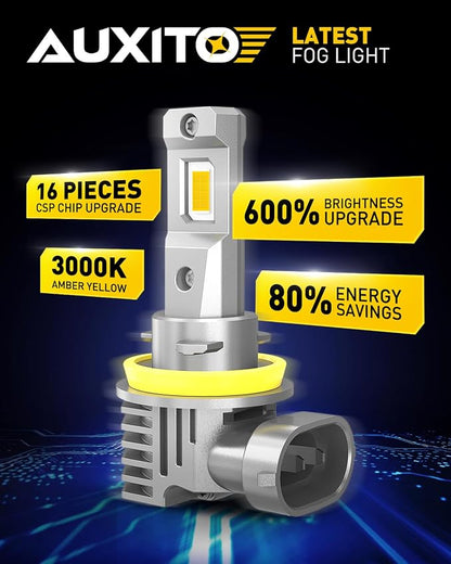 AUXITO H11/H8/H16 LED Fog Light Bulbs or DRL, 3000K Amber Yellow Light, 600% Super Brightness, Fanless Mini Size Fog Lights Replacement for Cars, Play and Plug (Pack of 2)