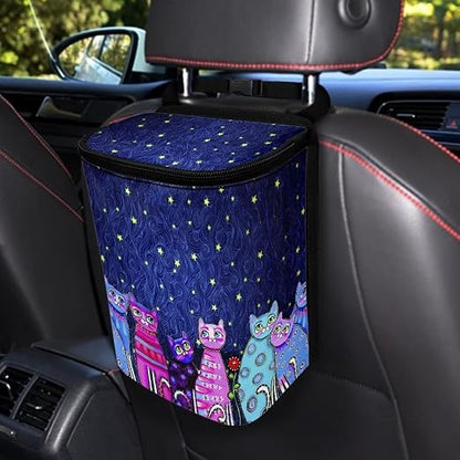 Talayituse Galaxy Cat Print Car Trash Can with Lid, Leak Proof Auto Trash Bag Hanging Vehicle Garbage Can Multipurpose Storage Container for Back Seat Road Trip