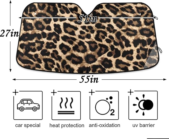 Leopard Print Car Windshield Sun Shade Foldable UV Ray Sun Visor Protector Sunshade to Keep Your Vehicle Cool (51" x 27")
