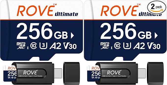 ROVE Ultimate Micro SD Card microSDXC 256GB Memory Card with USB 3.2 Type C Card Reader 170MB/s C10, U3, V30, 4K, A2 for Dash Cam, Android Smart Phones, Tablets, Games (Pack of 2)