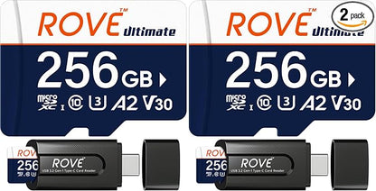 ROVE Ultimate Micro SD Card microSDXC 256GB Memory Card with USB 3.2 Type C Card Reader 170MB/s C10, U3, V30, 4K, A2 for Dash Cam, Android Smart Phones, Tablets, Games (Pack of 2)