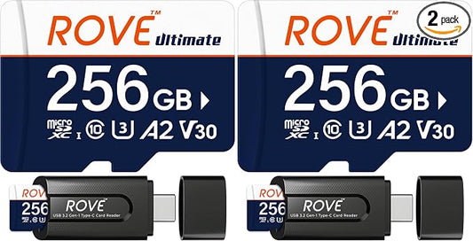 ROVE Ultimate Micro SD Card microSDXC 256GB Memory Card with USB 3.2 Type C Card Reader 170MB/s C10, U3, V30, 4K, A2 for Dash Cam, Android Smart Phones, Tablets, Games (Pack of 2)